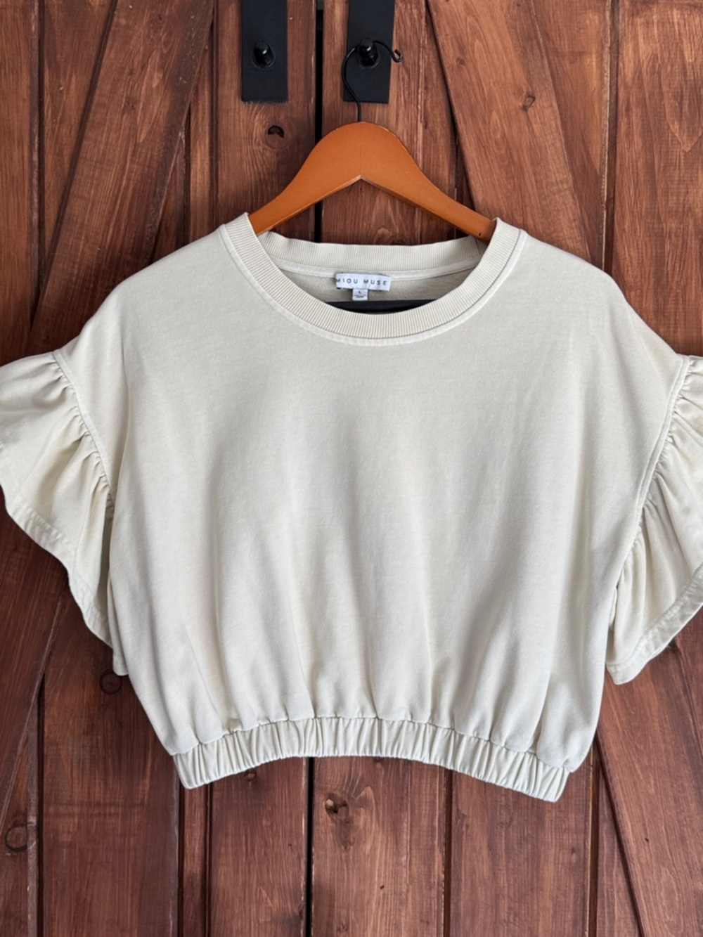 Miou Muse Cream Ruffle Sleeve Cropped Sweatshirt